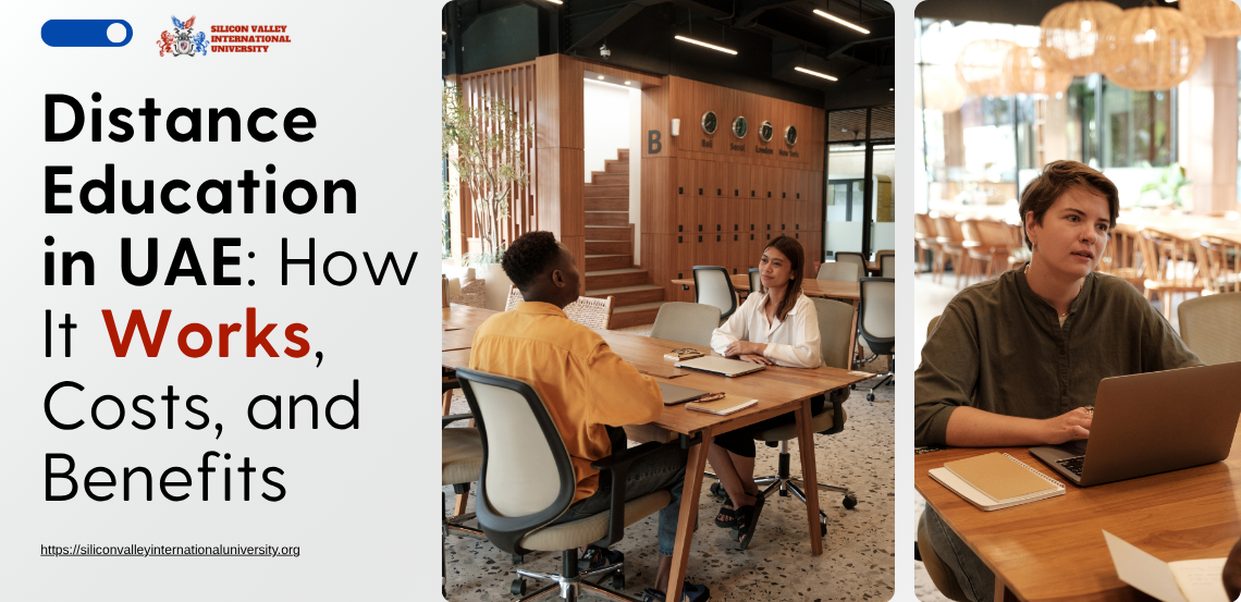 distance education in uae Two students engage in distance education discussions at a stylish, modern workspace, with contemporary furnishings and warm lighting.