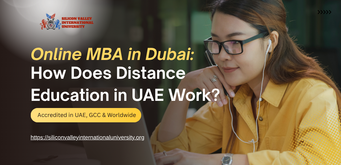 online mba in dubai An individual listens attentively to a class on a laptop, promoting an Online MBA program in Dubai, highlighted in text.